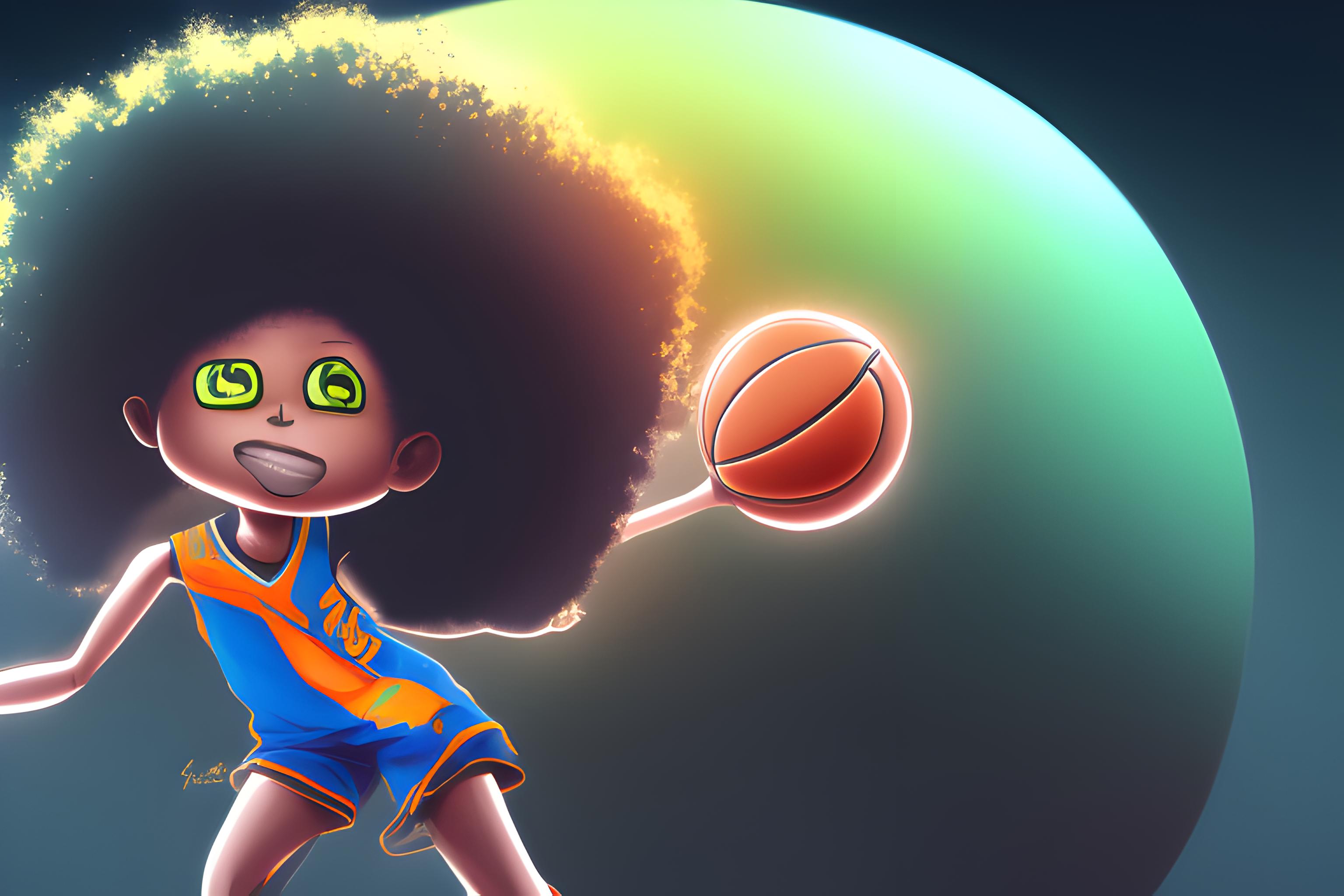 creer un fond decran me representant avec un personnage de peau noir qui est soit lockser ou avec un afro qui est dans lespace entoutrer de ces passe temps : manga basket jeux video 